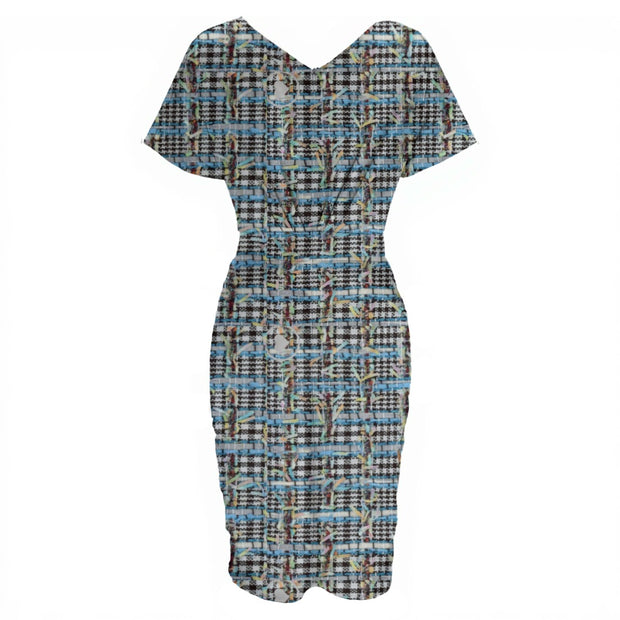 Tweed imitation Print Women's V-neck pleated dress