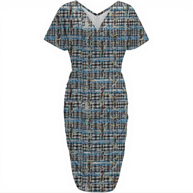 Tweed imitation Print Women's V-neck pleated dress