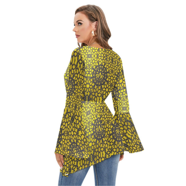 Black and Gold Women's V-neck Blouse With Flared Sleeves