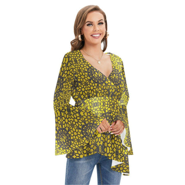 Black and Gold Women's V-neck Blouse With Flared Sleeves
