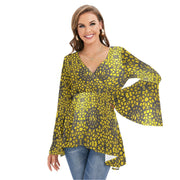 Black and Gold Women's V-neck Blouse With Flared Sleeves