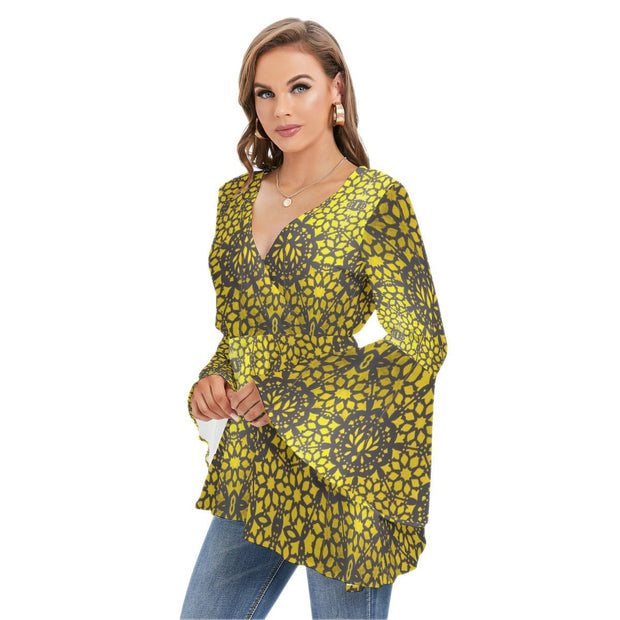 Black and Gold Women's V-neck Blouse With Flared Sleeves