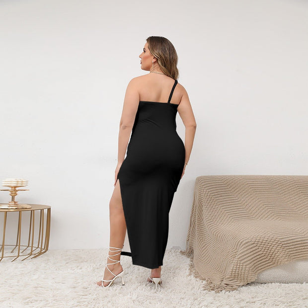 Black Oblique-Shoulder Exposure Dress With Side Split (Plus Size)