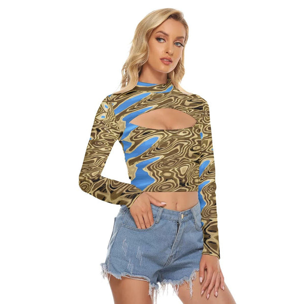 Brown and Blue Women's Hollow Chest Keyhole Tight Crop Top