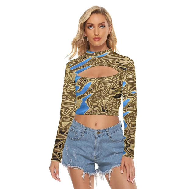 Brown and Blue Women's Hollow Chest Keyhole Tight Crop Top
