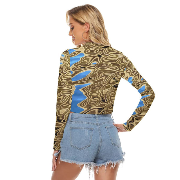 Brown and Blue Women's Hollow Chest Keyhole Tight Crop Top