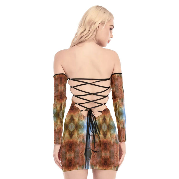 Brown&Blue Women's Off-shoulder Back Lace-up Dress