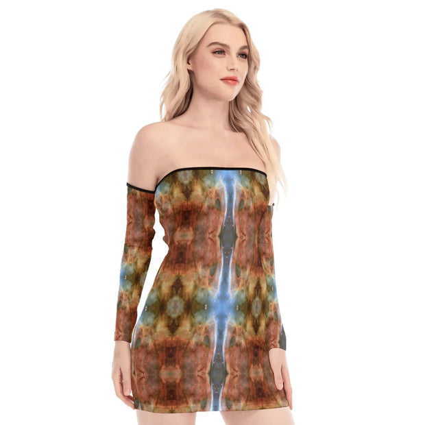 Brown&Blue Women's Off-shoulder Back Lace-up Dress