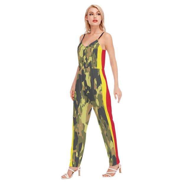 Camouflage/Rasta All-Over Print Women's V-neck Cami Jumpsuit