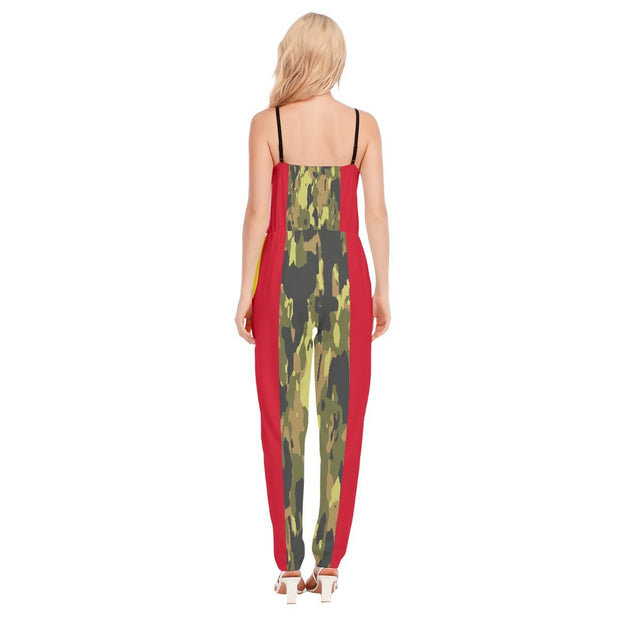 Camouflage/Rasta All-Over Print Women's V-neck Cami Jumpsuit
