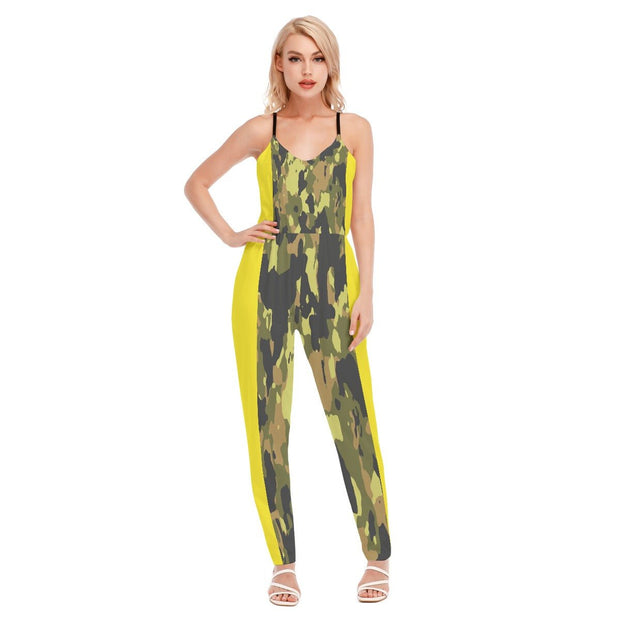 Camouflage/Rasta All-Over Print Women's V-neck Cami Jumpsuit