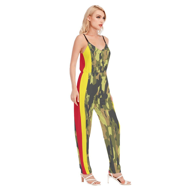 Camouflage/Rasta All-Over Print Women's V-neck Cami Jumpsuit