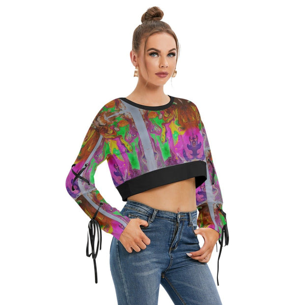 Ithiopia All-Over Print Women's Long Sleeve Cropped Sweatshirt With Lace up - CreLESAtive™