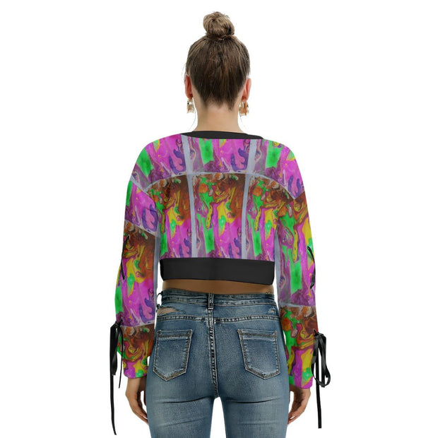 Ithiopia All-Over Print Women's Long Sleeve Cropped Sweatshirt With Lace up - CreLESAtive™