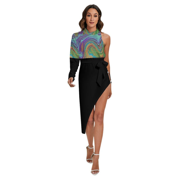 Metal Plate All-Over Print Women's Side Cutout Dress - CreLESAtive™
