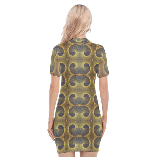 Orange &Black Geometric All-Over Print Women's Polo Collar Dress - CreLESAtive™