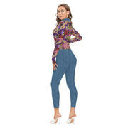 Purple Marble All-Over Print Women's Long-sleeved High-neck Jumpsuit With Zipper - CreLESAtive™
