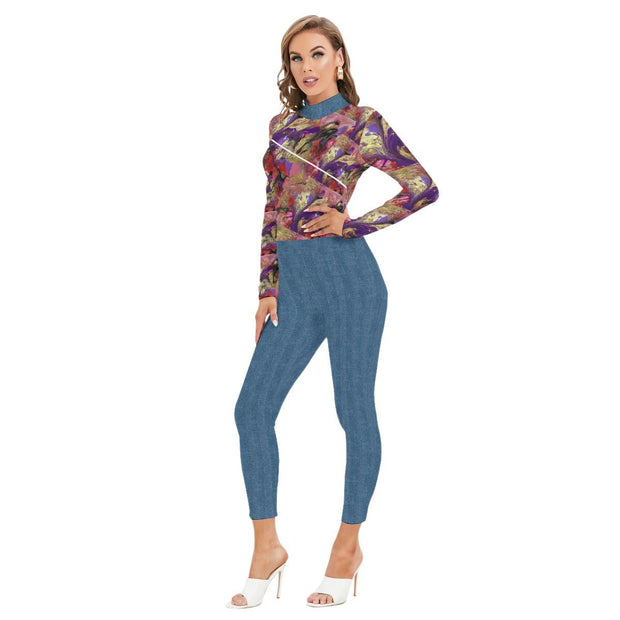 Purple Marble All-Over Print Women's Long-sleeved High-neck Jumpsuit With Zipper - CreLESAtive™