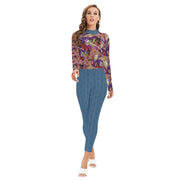 Purple Marble All-Over Print Women's Long-sleeved High-neck Jumpsuit With Zipper - CreLESAtive™