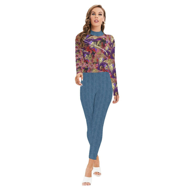 Purple Marble All-Over Print Women's Long-sleeved High-neck Jumpsuit With Zipper - CreLESAtive™