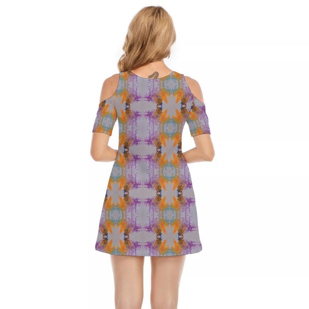 Taheem's Abstract Art Women's Cold Shoulder Dress | 190GSM Cotton - CreLESAtive™