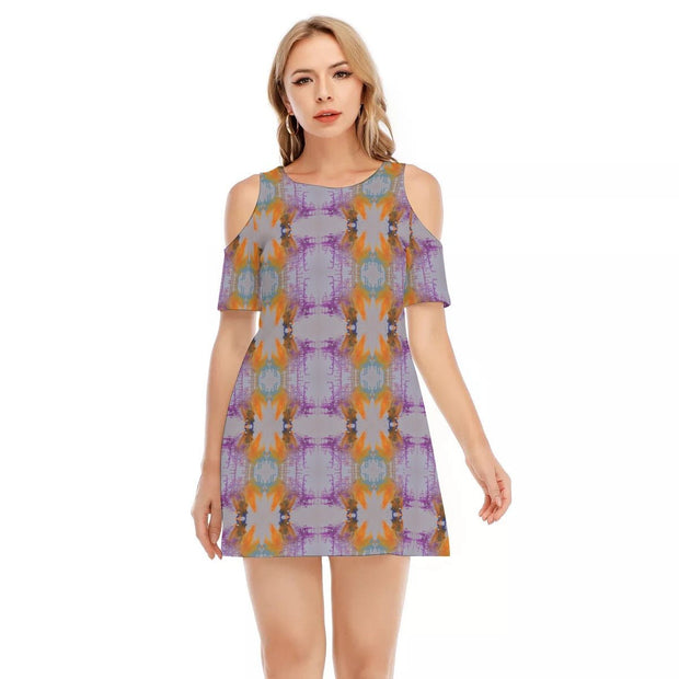 Taheem's Abstract Art Women's Cold Shoulder Dress | 190GSM Cotton - CreLESAtive™