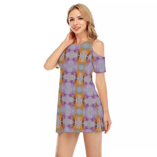 Taheem's Abstract Art Women's Cold Shoulder Dress | 190GSM Cotton - CreLESAtive™