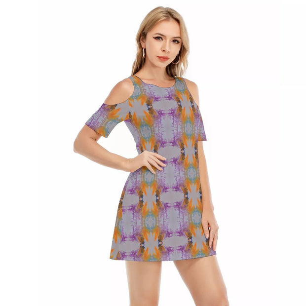 Taheem's Abstract Art Women's Cold Shoulder Dress | 190GSM Cotton - CreLESAtive™